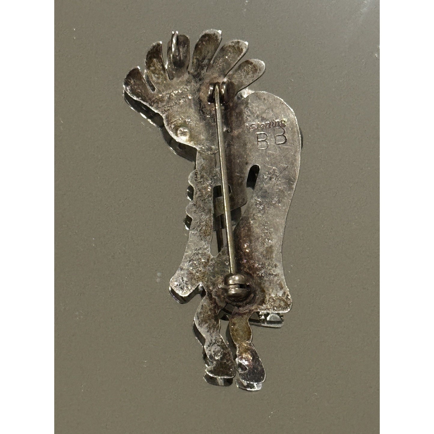 Vintage Bernice Boony Zuni Sterling Silver Kokopelli Turquoise Pin Signed BB