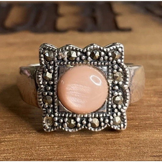 Vintage Sterling Silver Marcasite Pink Cabochon Ring Size 7 Signed RF925