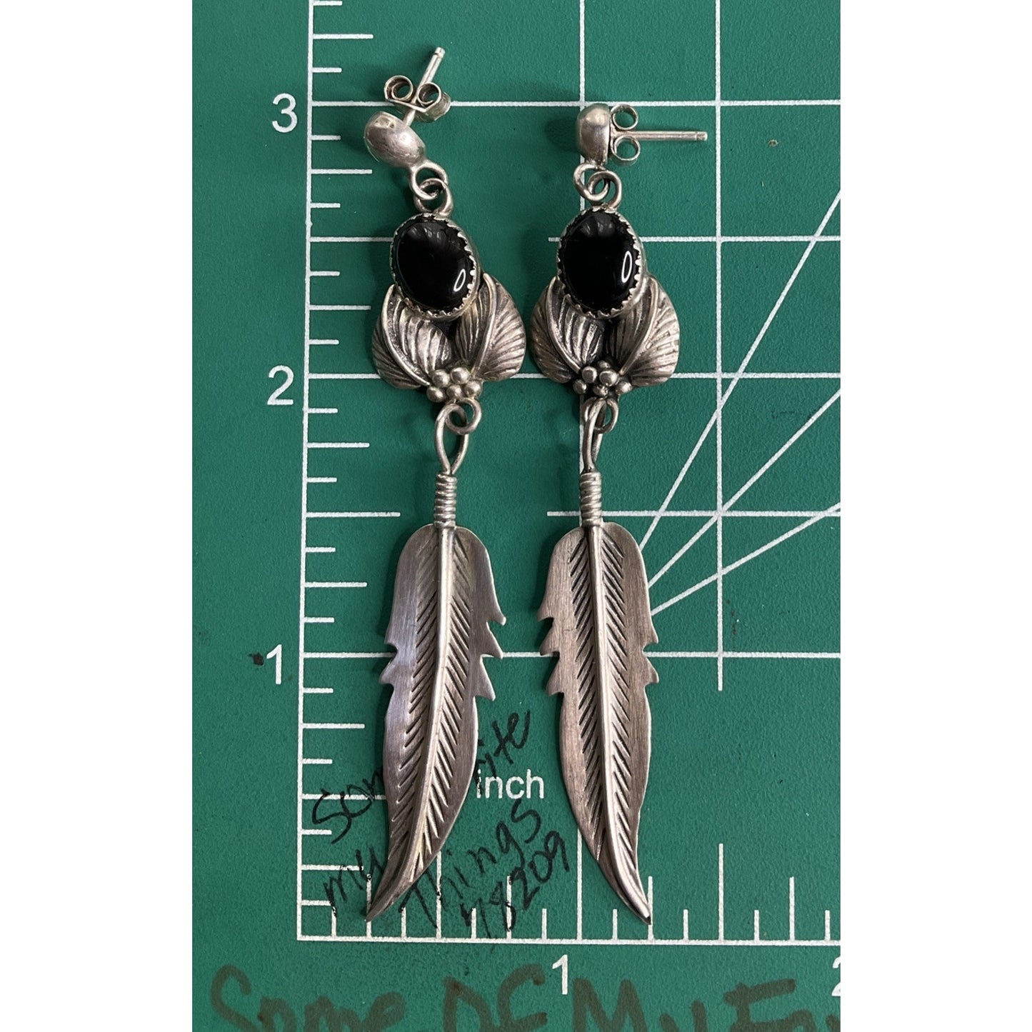 Lorena Sterling Silver Black Onyx Feather Dangle Earrings Southwestern Boho Drop