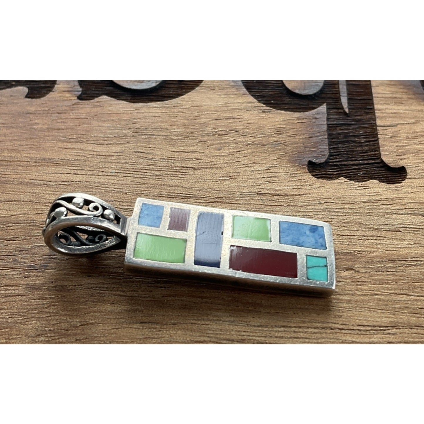 Modernist 925 Sterling Silver Multi-Stone Inlay Pendant Geometric Mosaic