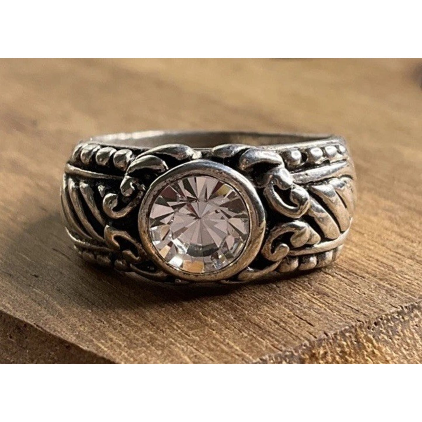 PD Sterling Silver CZ Scroll Ring Vintage Style Style Size 7