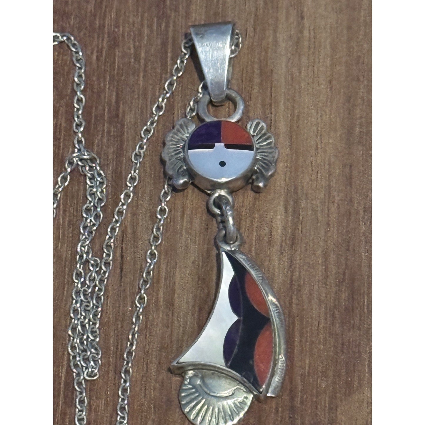 Sterling Silver Sunface Inlay Pendant Artisan Design 7.4g Dangle Necklace 18”