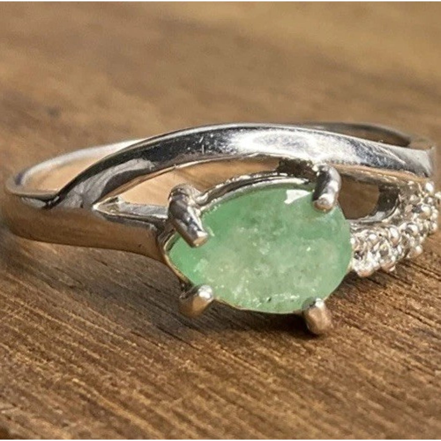925 Sterling Silver Green Stone Ring Size 8 Oval Cabochon CZ Accent Ring
