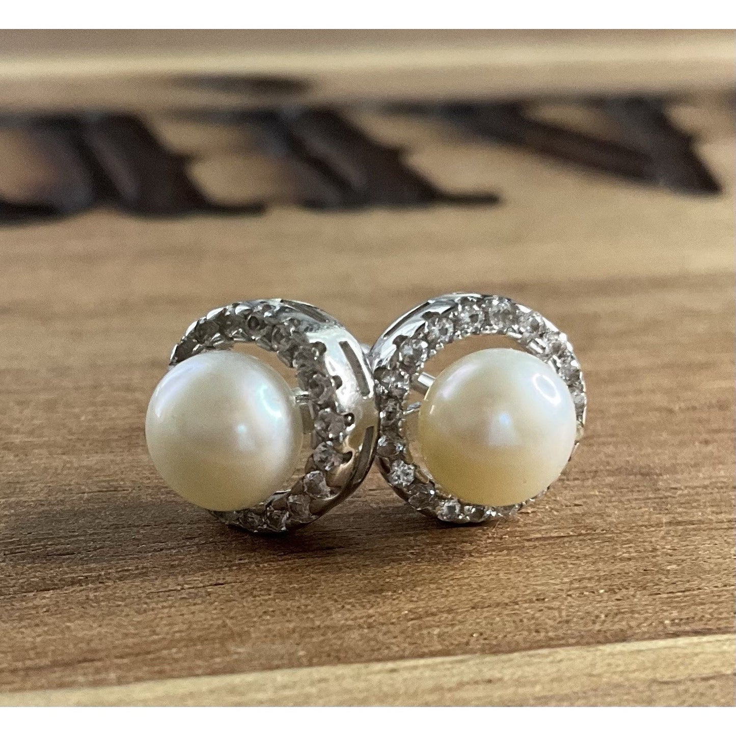 VINTAGE Sterling Silver Pearl Halo Stud Earrings Signed CP 925