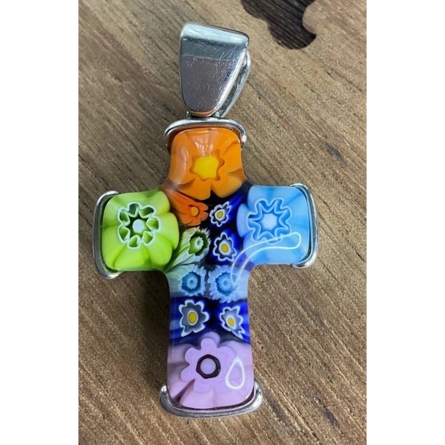 Sterling Silver Allan K Millefiori Murano Floral Glass Cross Pendant
