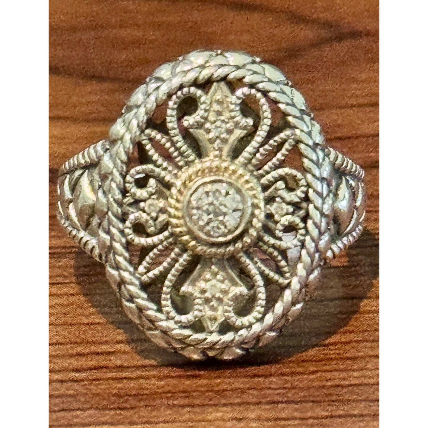 Vintage 925 Sterling Silver & 14K Gold Diamond Filigree Balinese Ring Size 7.5