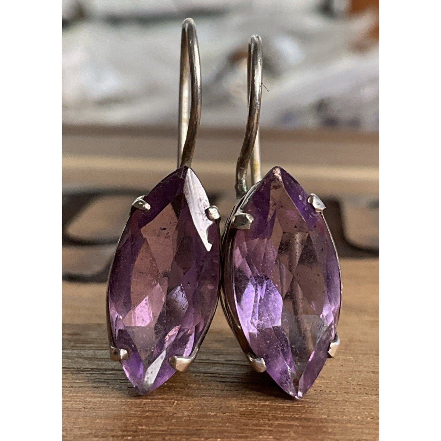 Vintage Sterling Silver Purple Amethyst Gemstone Marquise Leverback Earrings