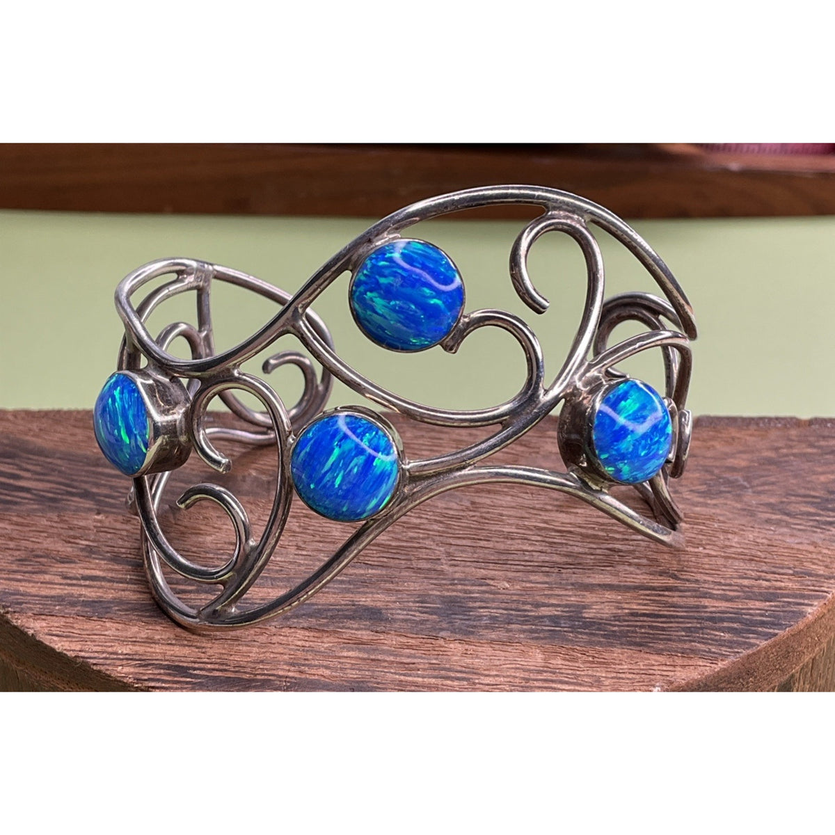 Mexico 925 Sterling Silver Blue Opal Wide Scroll Cuff Bracelet 31g