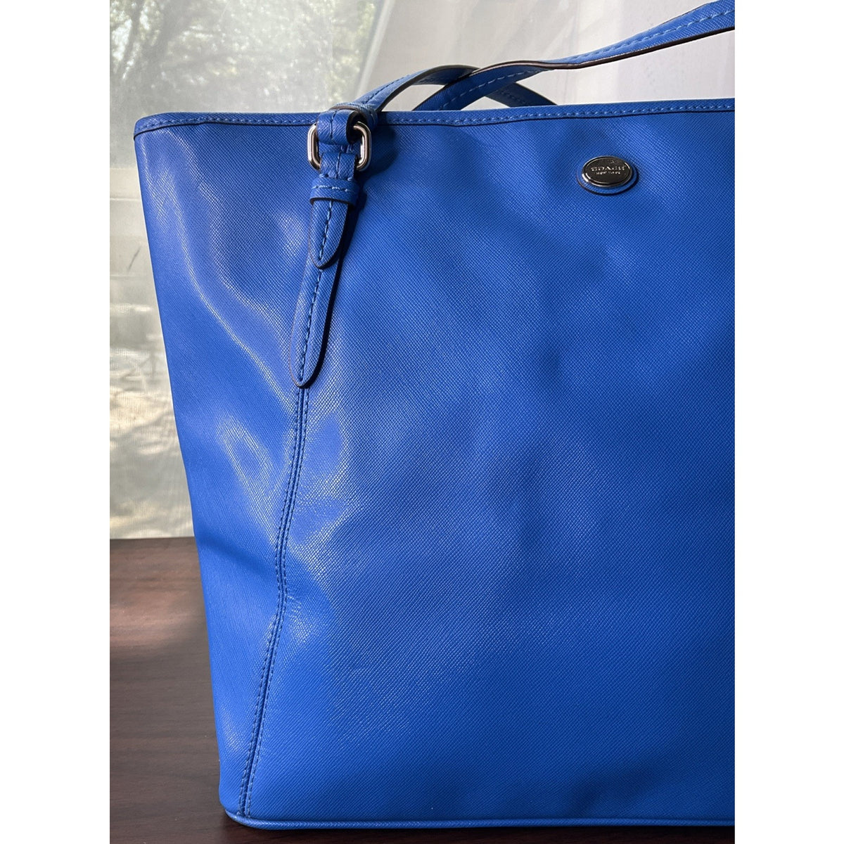 Coach Peyton Leather Cerulean Blue Zip Top Tote Bag Purse
