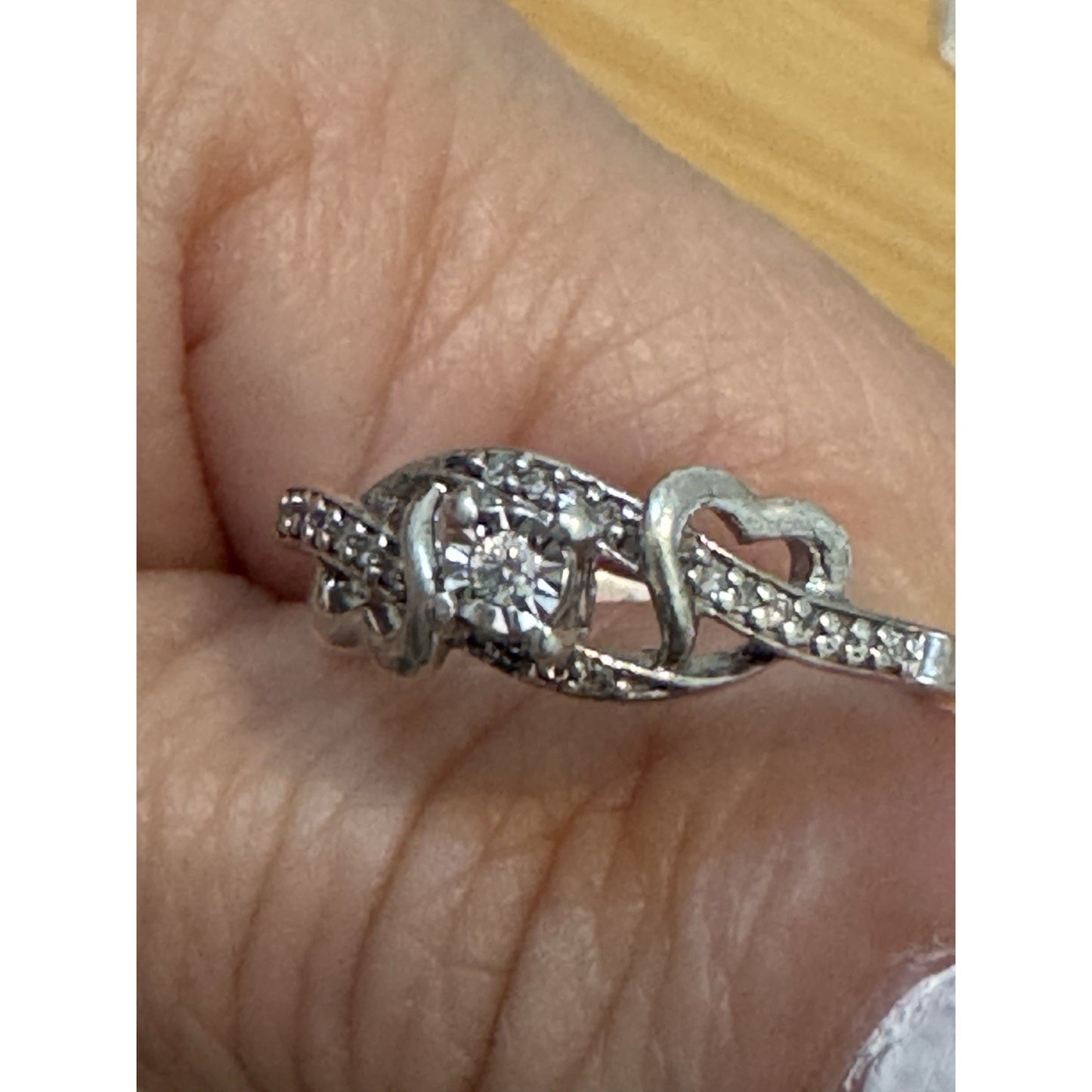 Vintage Sterling Silver Diamond Accent Sweetheart Double Heart Bypass Ring 6.5