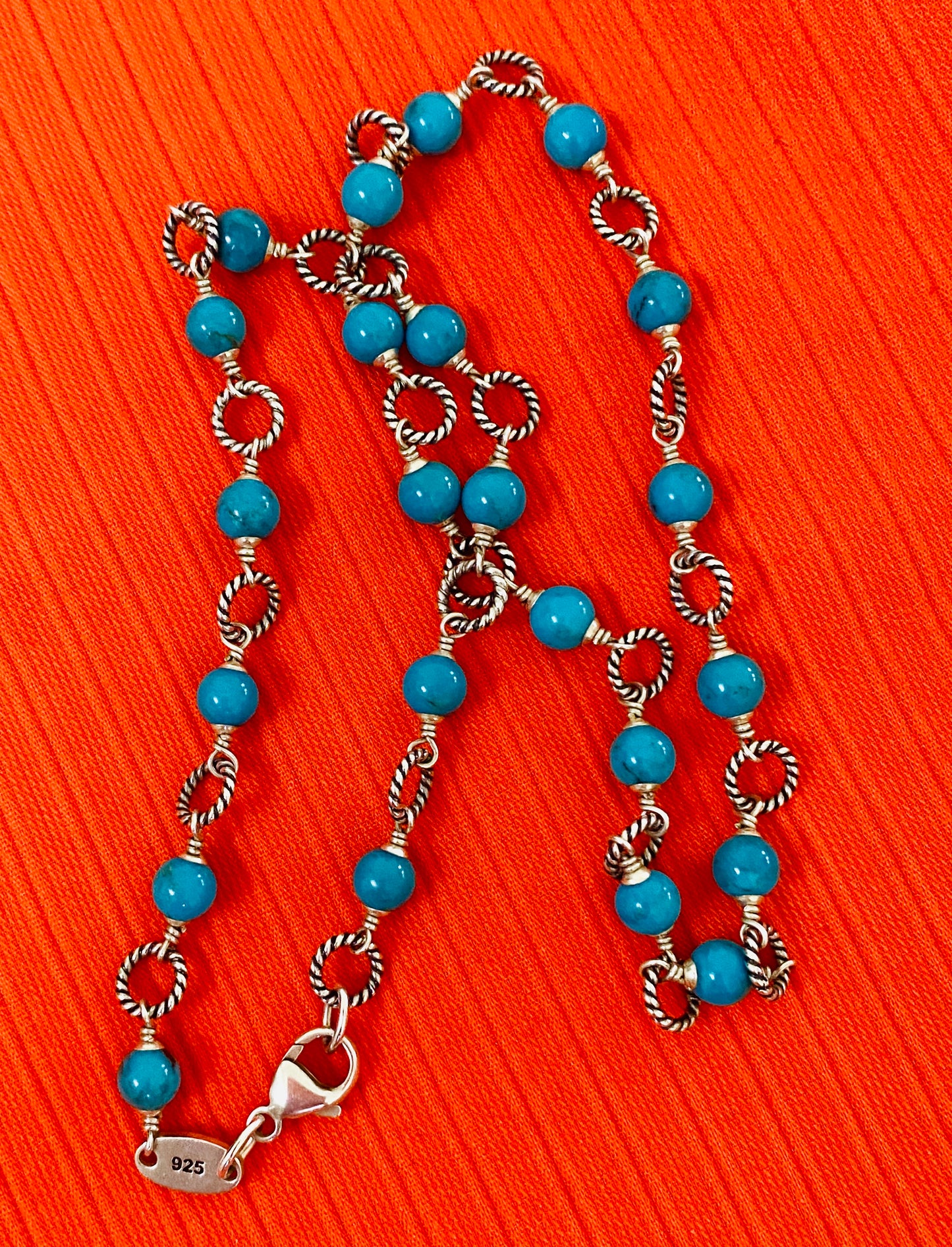 Preowned James Avery Retired Silver Twisted Wire Link Necklace with Turquoise Beads 18”