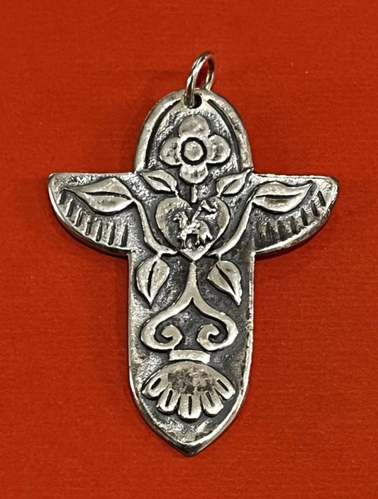 Preowned James Avery Retired Silver Adoremus Floral Cross Pendant  2"