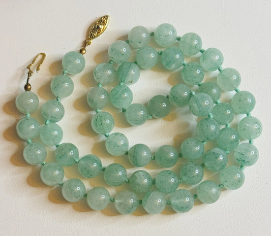 Vintage 1970's Green Jade Hand Knotted Bead Necklace 76 Grams