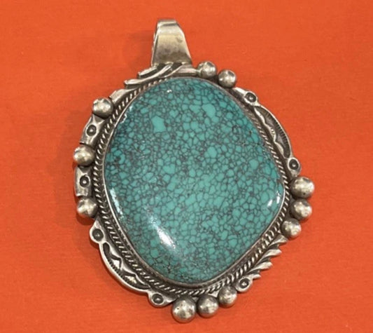 AUTHENTIC SIGNED Native American L L Lee Silver Turquoise Marbled Matrix Pendant