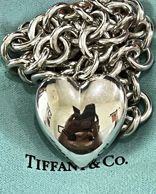 Preowned Tiffany & Co. Sterling Silver Chain Link Puffy Heart Necklace HEAVY 16”