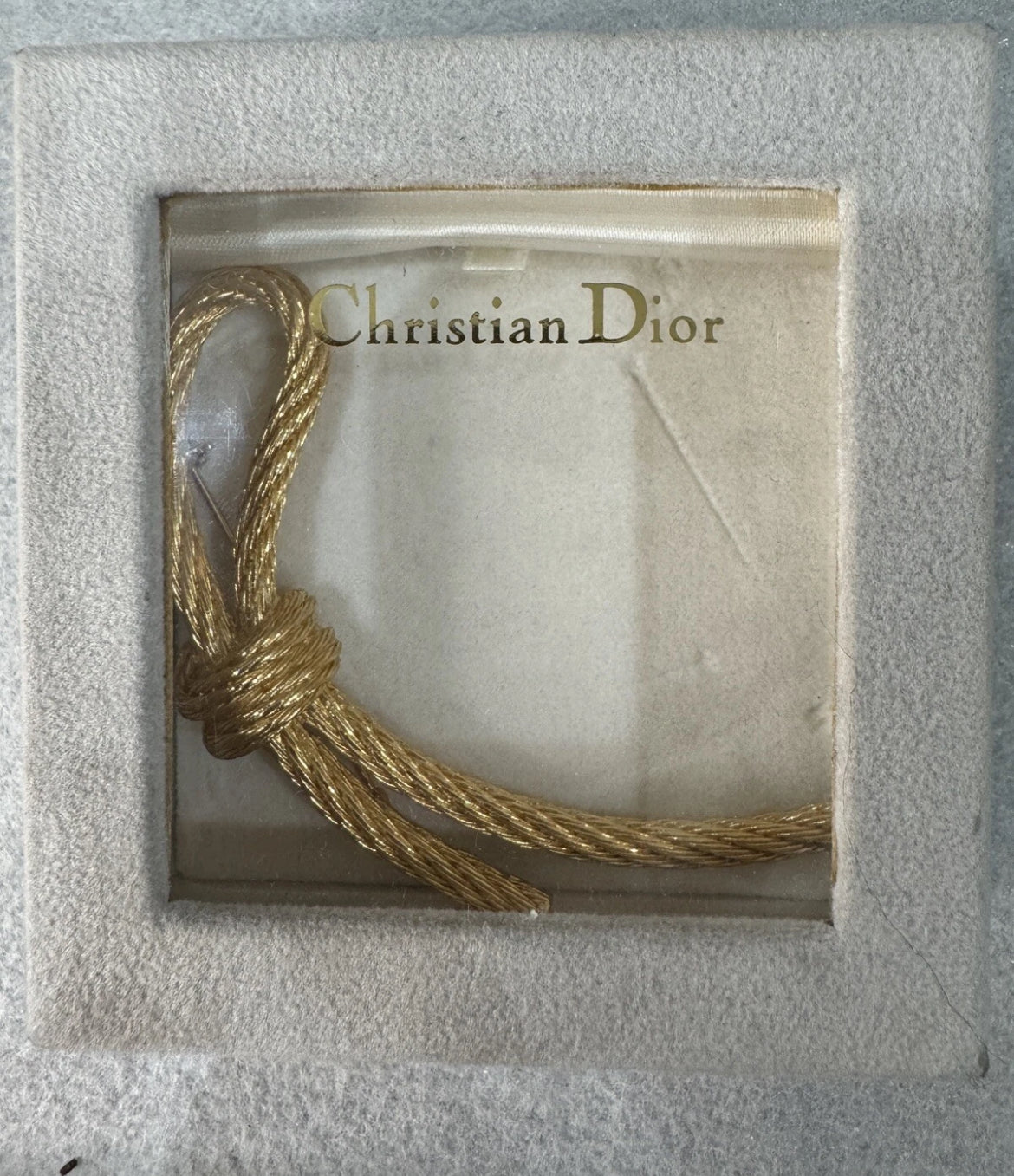 Preowned Vintage New in Box Signed Christian Dior Gold Tone Textured Rope Knot Brooch Pin