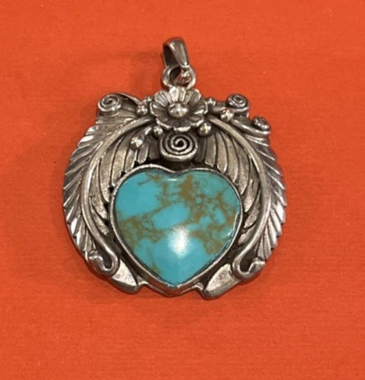 AUTHENTIC Native American Sterling Silver Turquoise Heart Pendant
