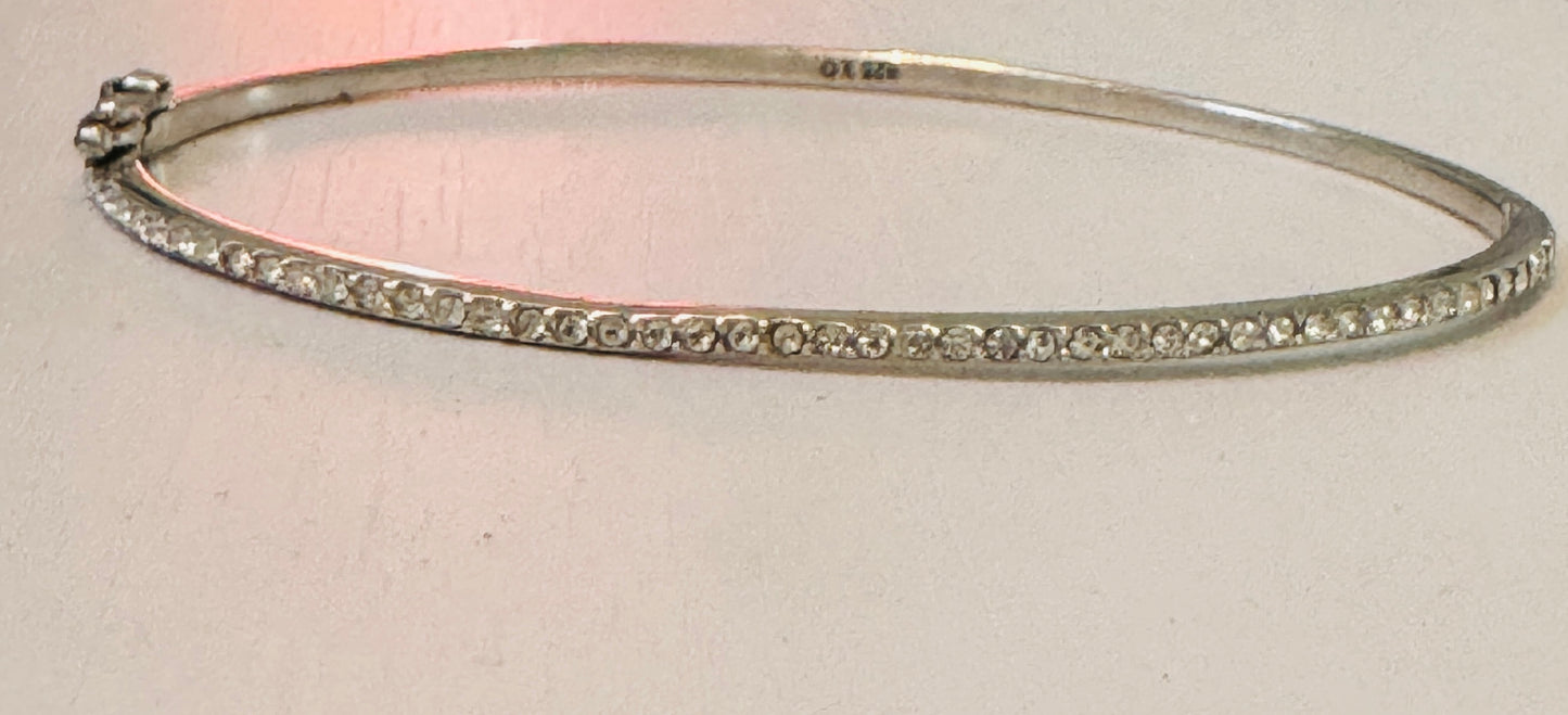 Pre Owned Sterling Silver 925 XO Diamond Pave Half Tennis Hinged Bangle Bracelet