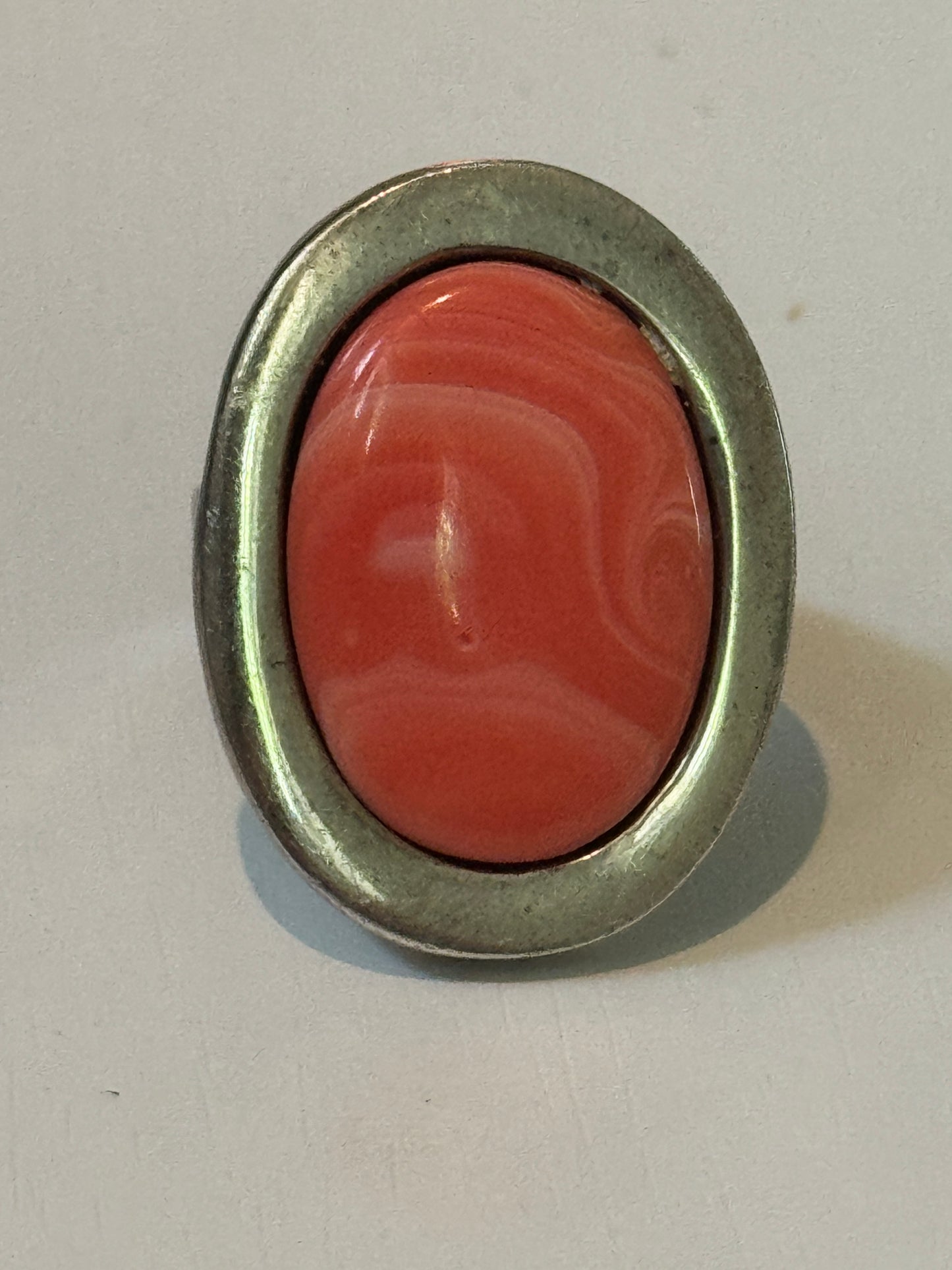 Pre Owned Sterling Silver Statement Ring with Stabilized Coral Cabochon – Size 9 -  14.2 grams Bold Vintage