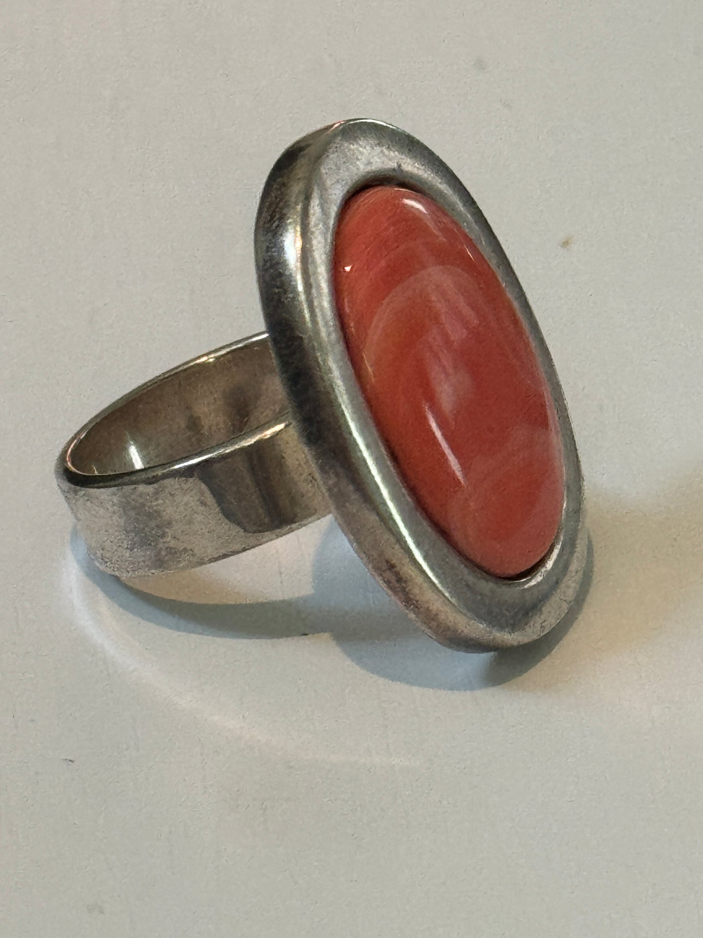 Pre Owned Sterling Silver Statement Ring with Stabilized Coral Cabochon – Size 9 -  14.2 grams Bold Vintage