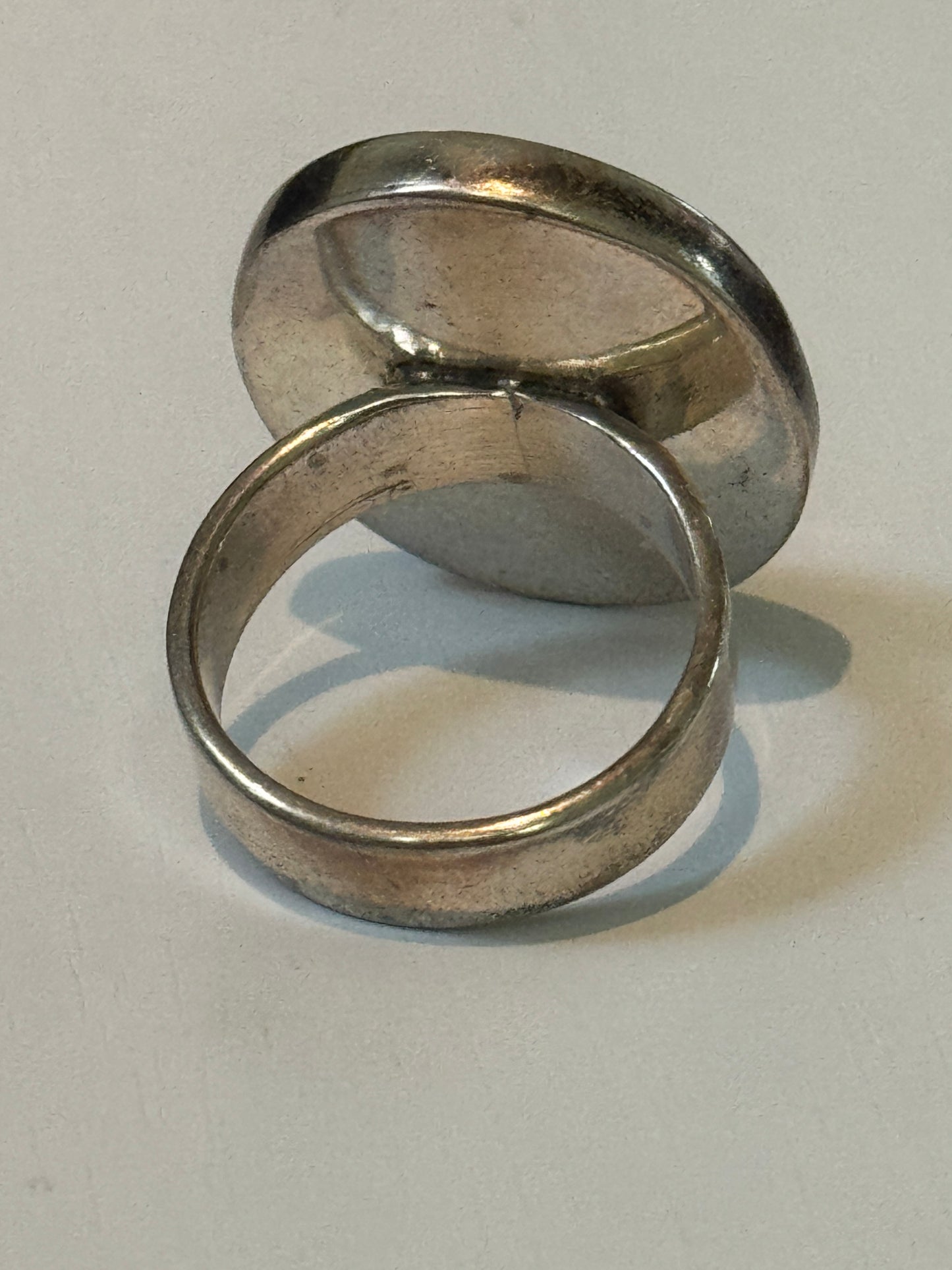 Pre Owned Sterling Silver Statement Ring with Stabilized Coral Cabochon – Size 9 -  14.2 grams Bold Vintage