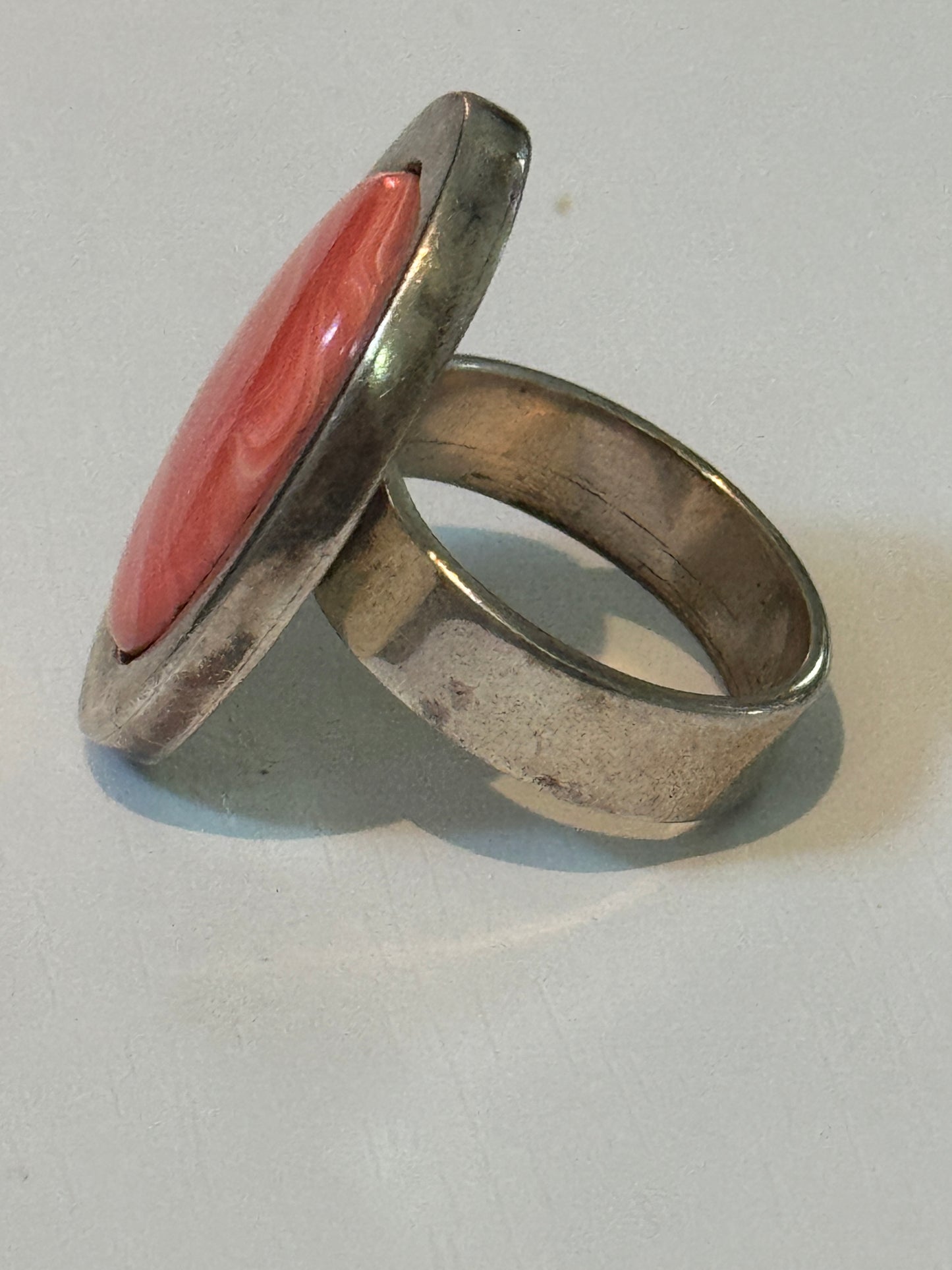 Pre Owned Sterling Silver Statement Ring with Stabilized Coral Cabochon – Size 9 -  14.2 grams Bold Vintage
