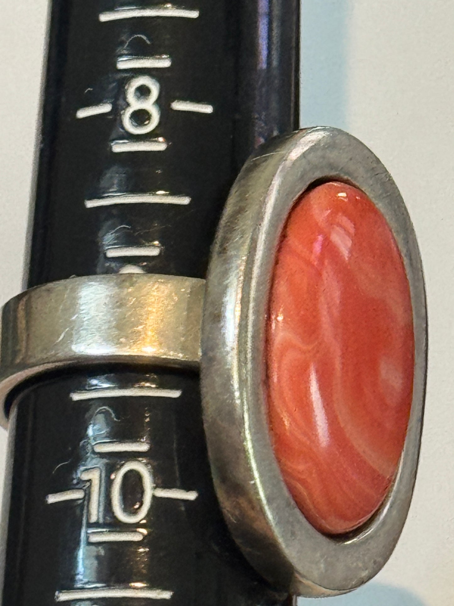 Pre Owned Sterling Silver Statement Ring with Stabilized Coral Cabochon – Size 9 -  14.2 grams Bold Vintage