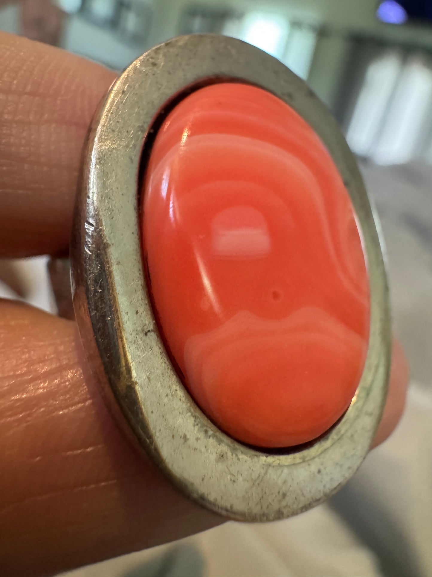 Pre Owned Sterling Silver Statement Ring with Stabilized Coral Cabochon – Size 9 -  14.2 grams Bold Vintage