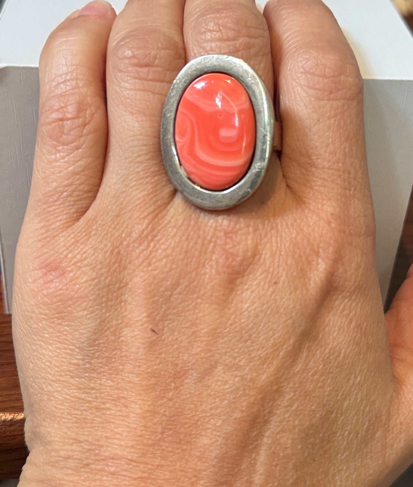 Pre Owned Sterling Silver Statement Ring with Stabilized Coral Cabochon – Size 9 -  14.2 grams Bold Vintage