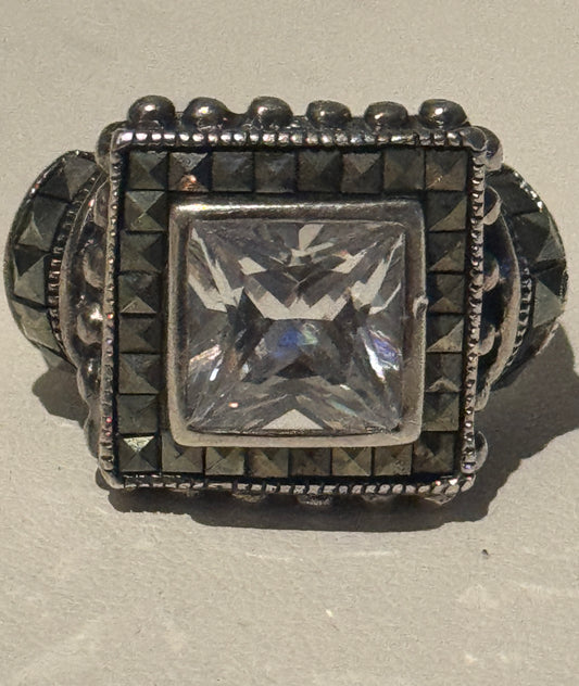 925 Sterling Silver Vintage Marcasite Gem & CZ Square Ring Size 7