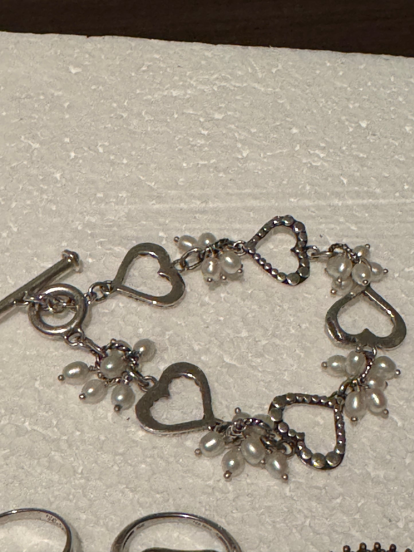Vintage Lori Bonn Sterling Silver Freshwater Pearl Heart Link Toggle Bracelet 7.5