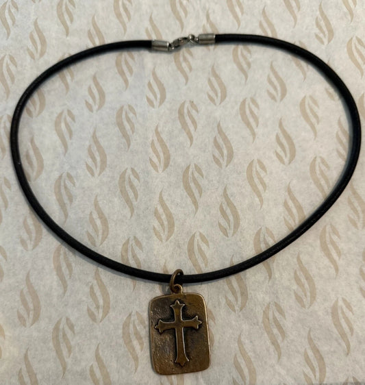 Pre-Owned James Avery Retired Bronze Fleuree Cross Pendant w/ 18” Black Leather Necklace