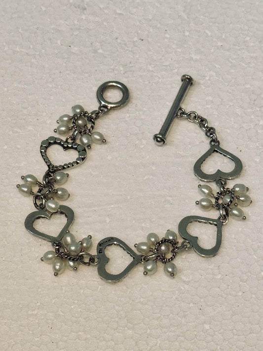Vintage Lori Bonn Sterling Silver Freshwater Pearl Heart Link Toggle Bracelet 7.5
