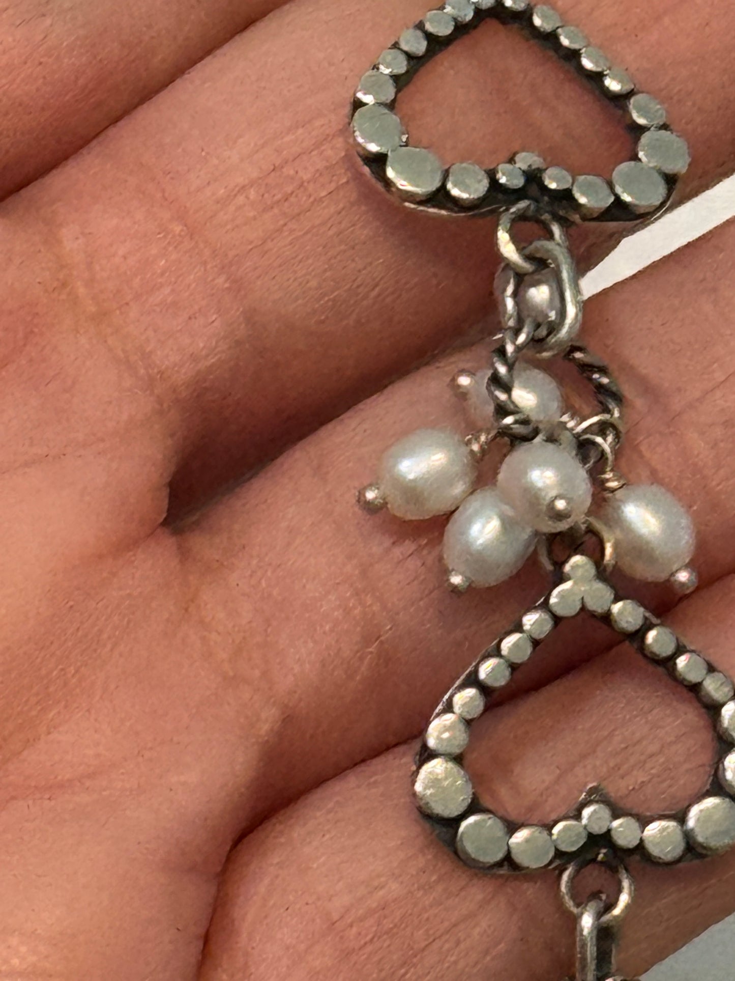 Vintage Lori Bonn Sterling Silver Freshwater Pearl Heart Link Toggle Bracelet 7.5