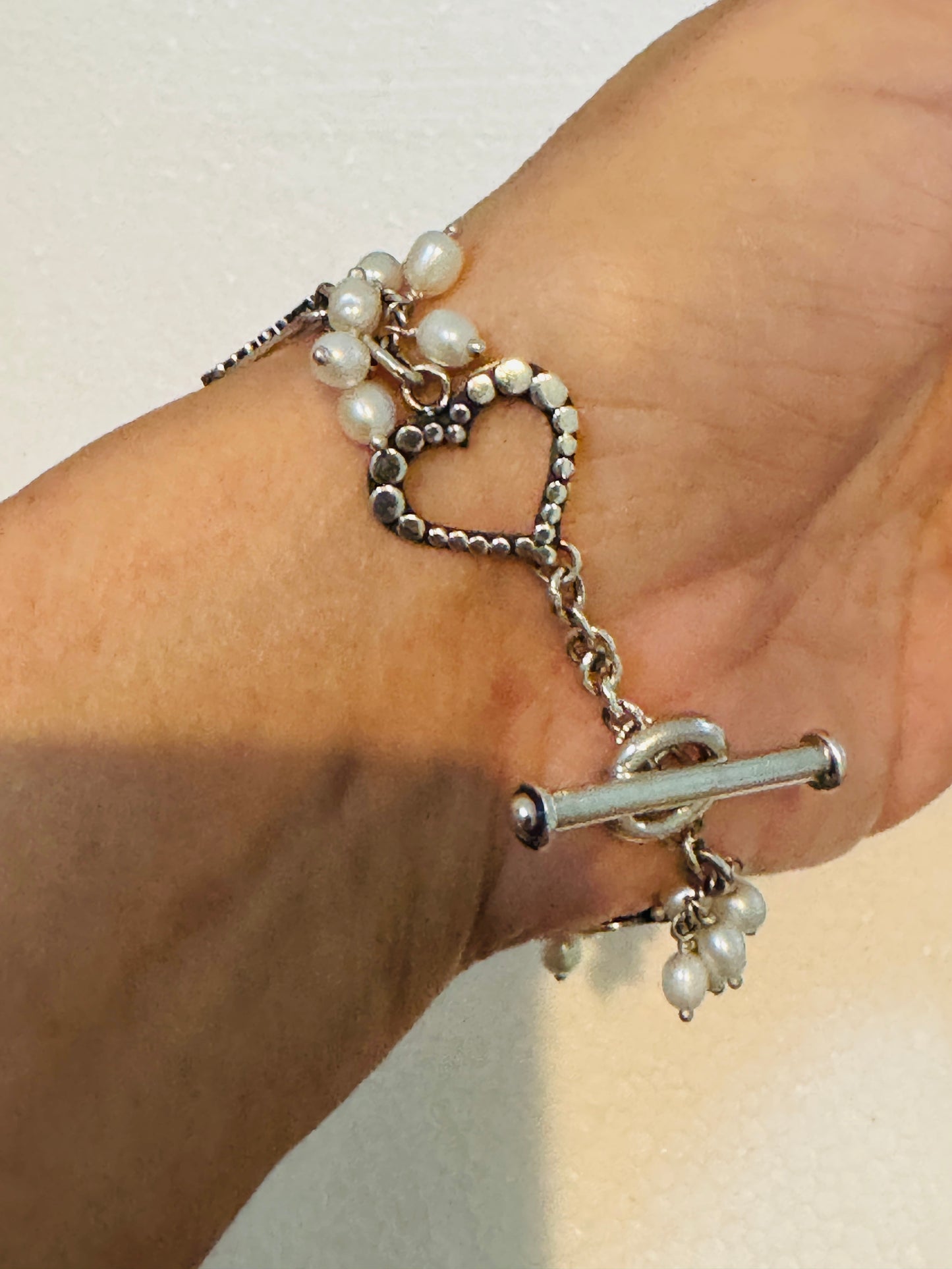 Vintage Lori Bonn Sterling Silver Freshwater Pearl Heart Link Toggle Bracelet 7.5