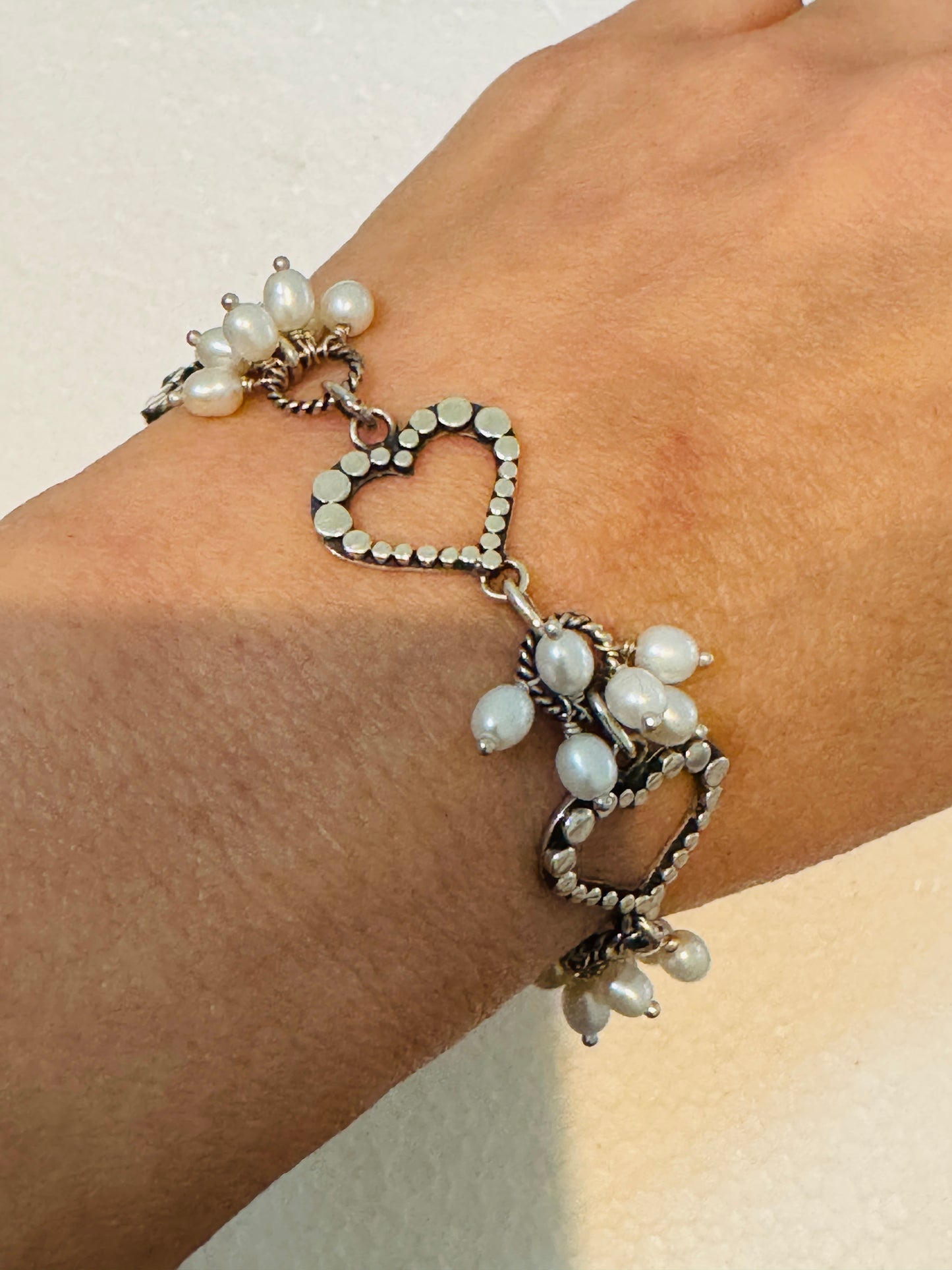 Vintage Lori Bonn Sterling Silver Freshwater Pearl Heart Link Toggle Bracelet 7.5