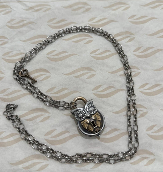Pre-Owned James Avery Retired Sterling Silver & Bronze Owl Lock & Key Necklace