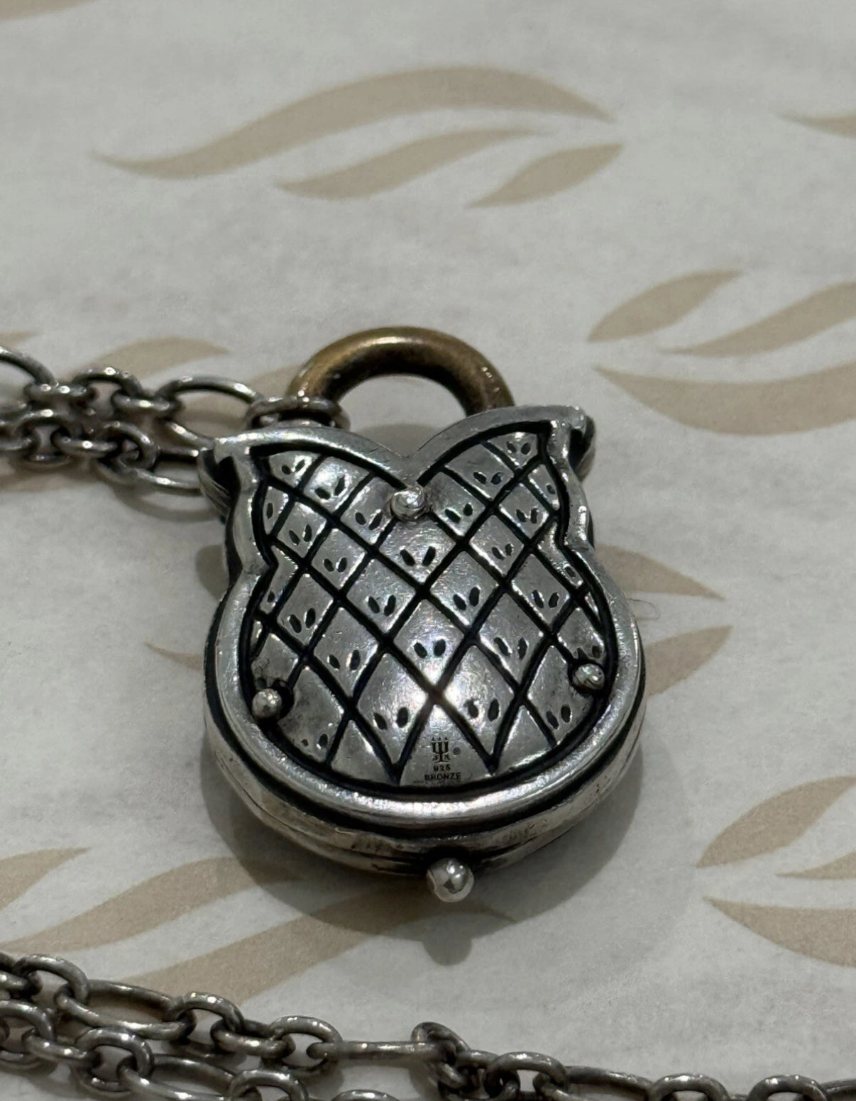 Pre-Owned James Avery Retired Sterling Silver & Bronze Owl Lock & Key Necklace