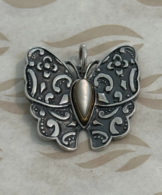Pre-Owned James Avery Retired Sterling Silver & Bronze Mother of Pearl Butterfly Pendant