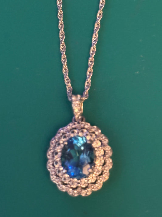 Sterling Silver 925 Blue Topaz and White Lab-Created Sapphire Necklace Sterling Silver 18"