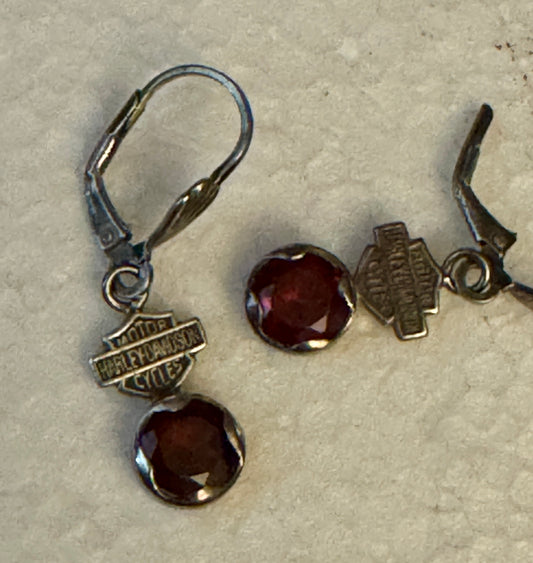 Pre Owned Rare HTF Sterling Silver HARLEY DAVIDSON Red Garnet Biker Leverback Earrings