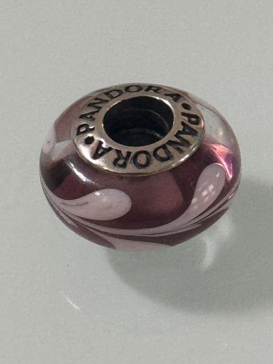 Pre Owned Retired Authentic Pandora Purple Pink Swirl Silver Murano Glass Charm #790677