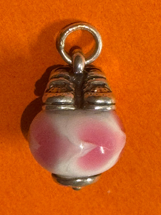 James Avery Retired Silver Baby Girl Shoes on Pink and White Heart Glass Bead Finial