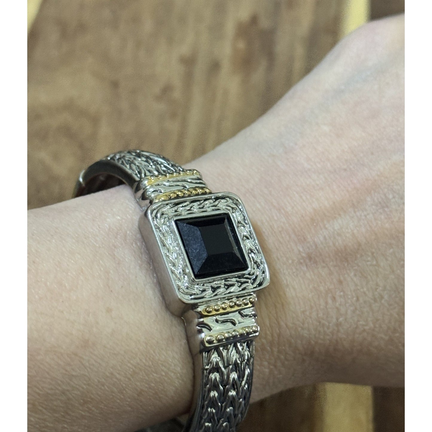 Black Stone Hinged Bangle Bracelet Silver And Gold Tone Designer Style