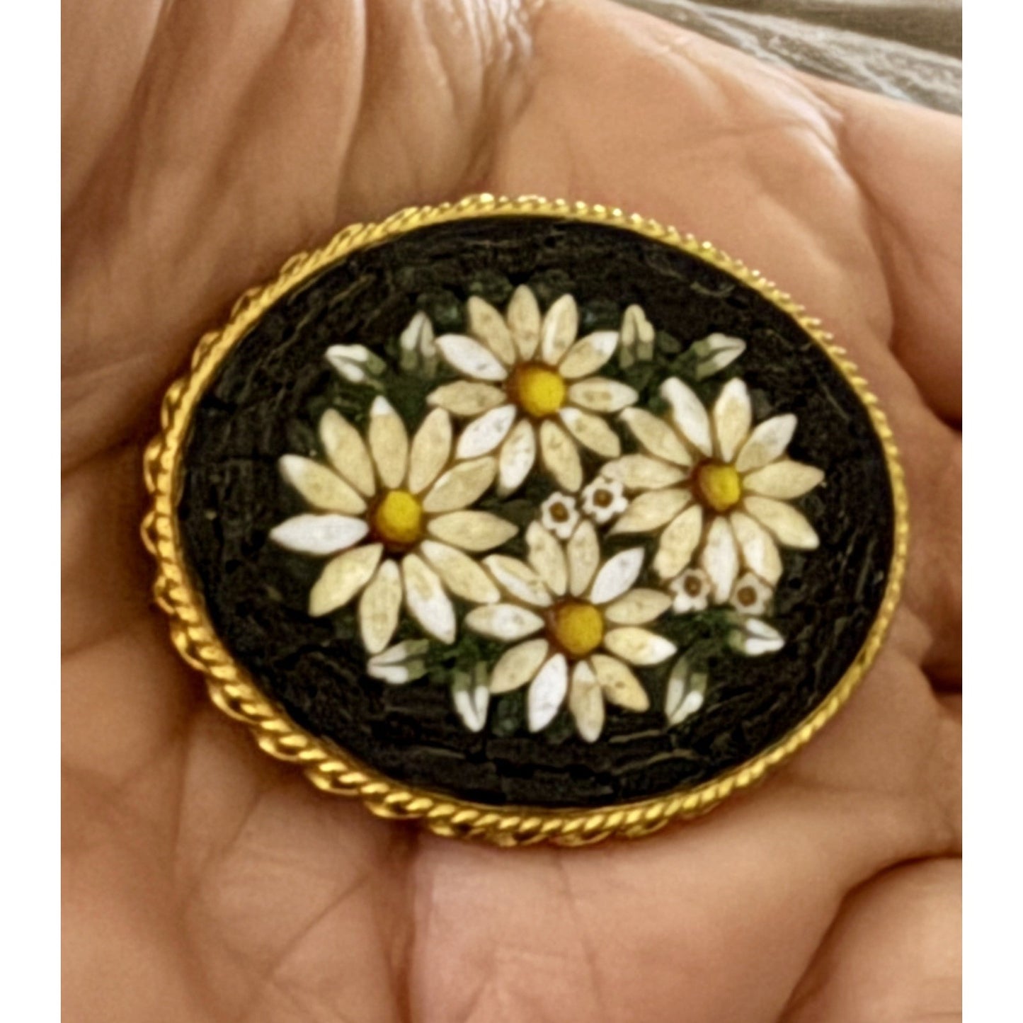 Vintage Italian Micro Mosaic Daisy Floral Black Mid Century Brooch Made In Italy