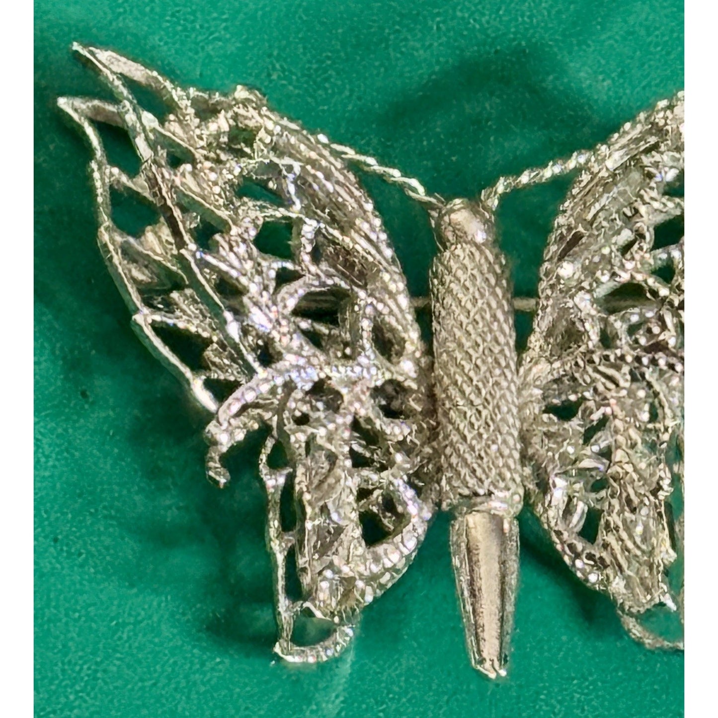Vintage Monet Butterfly Brooch Silver Tone Filigree Insect Pin Signed 1970s
