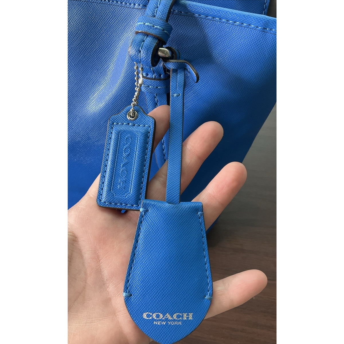 Coach Peyton Leather Cerulean Blue Zip Top Tote Bag Purse