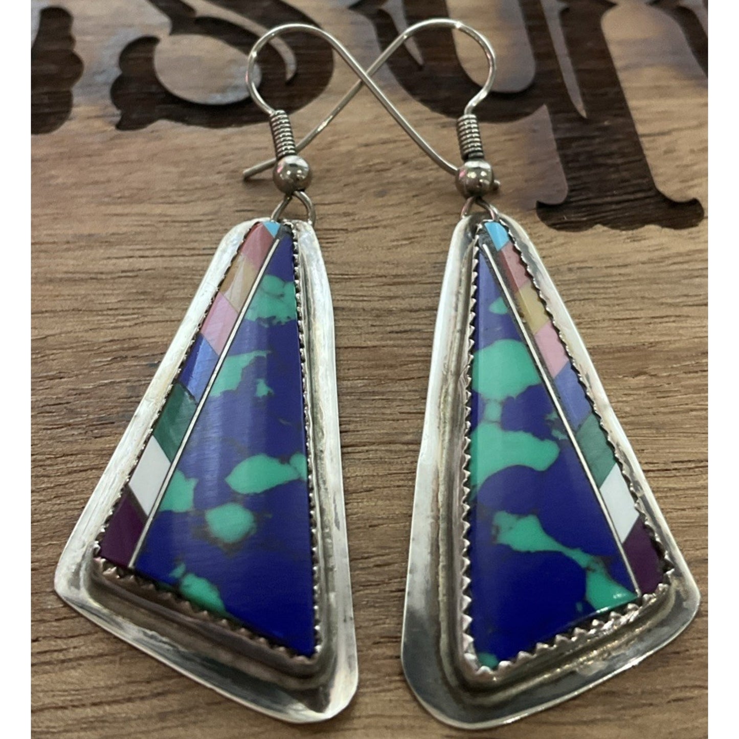 Southwest Sterling Silver Colorful Inlay Triangle Earrings