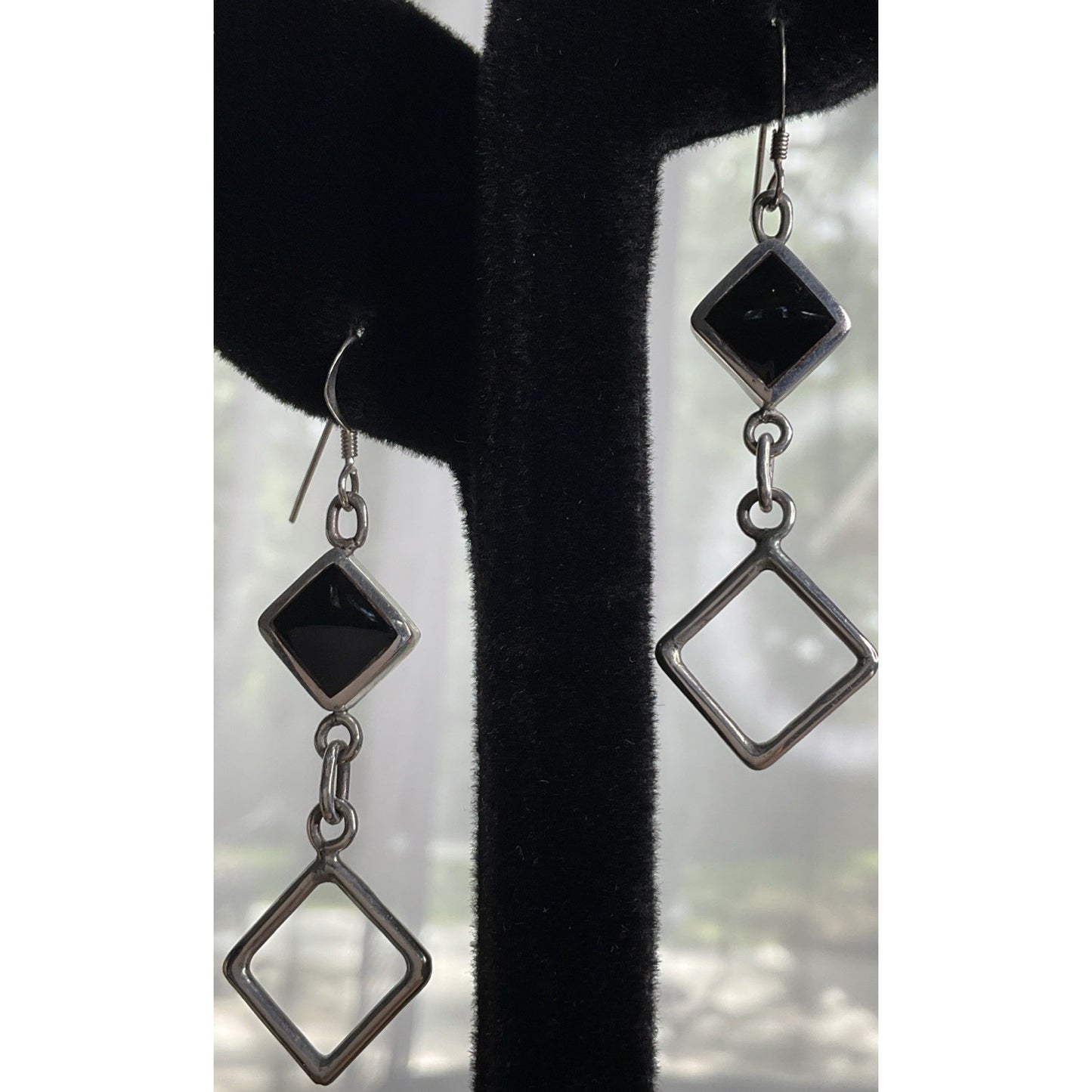 Vintage VC Sterling Silver Black Onyx Square Open Geometric Dangle Drop Earrings