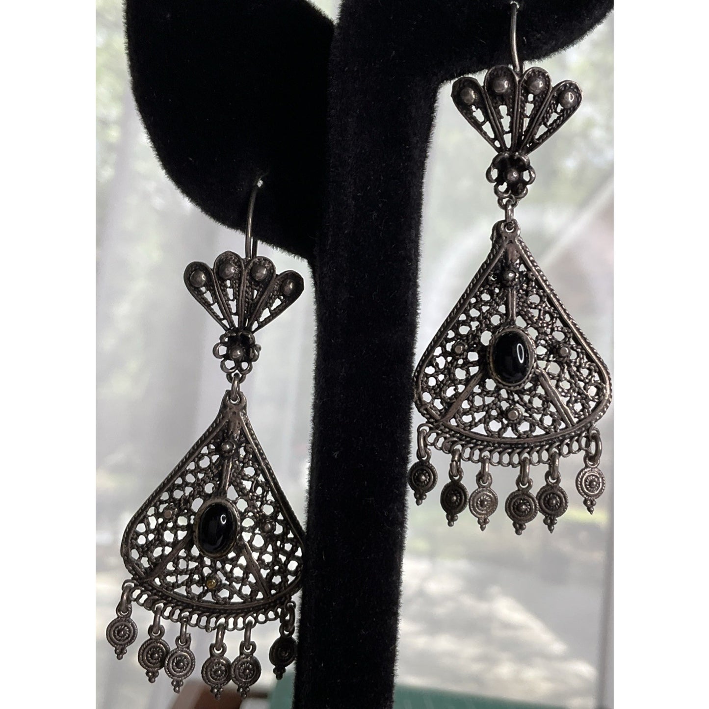 Vintage Sterling Silver Filigree Black Onyx Chandelier Earrings